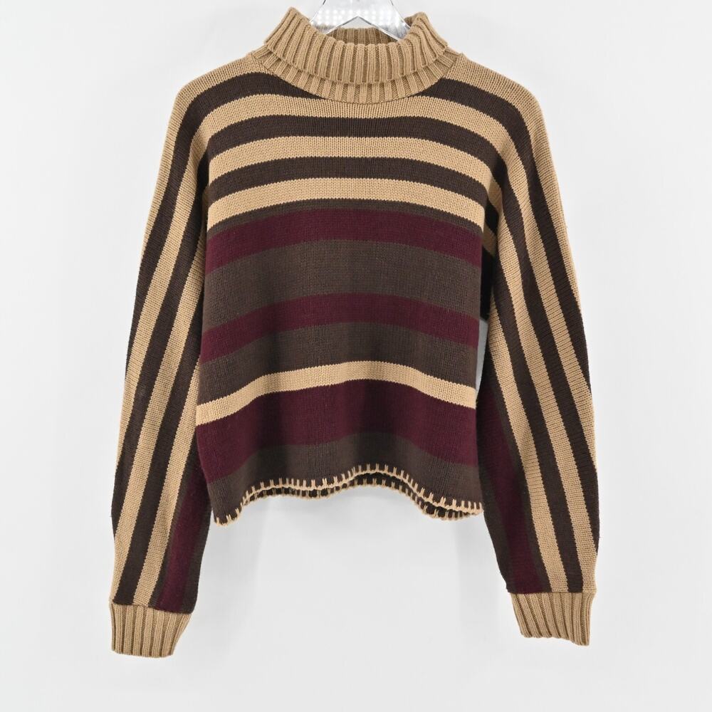 525 AMERICA Womens Striped‎ Sweater Size L Brown Tan Turtleneck Knit Whipstitch